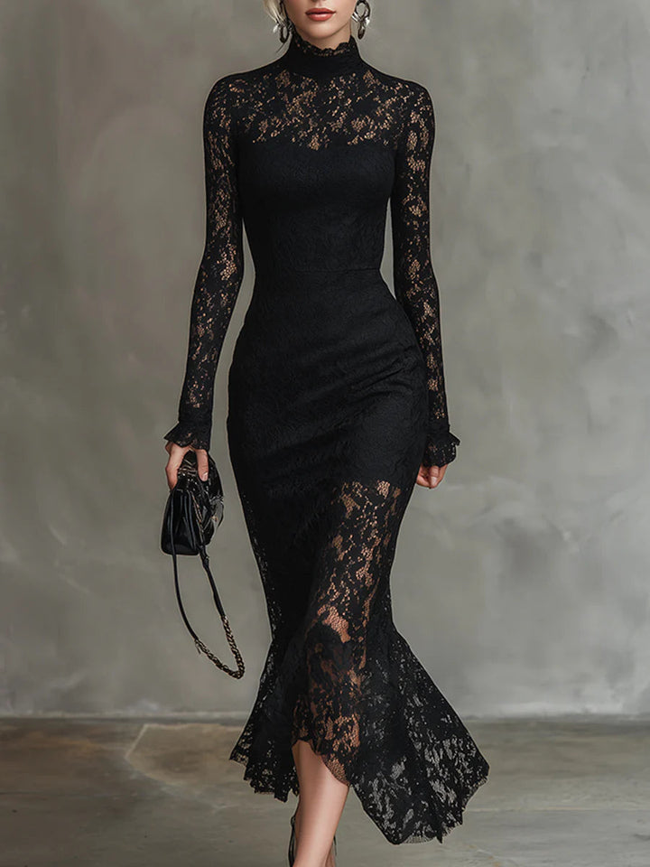 Teresa - Elegancka Sukienka Maxi Fishtail z Elastycznej Czarnej Koronki