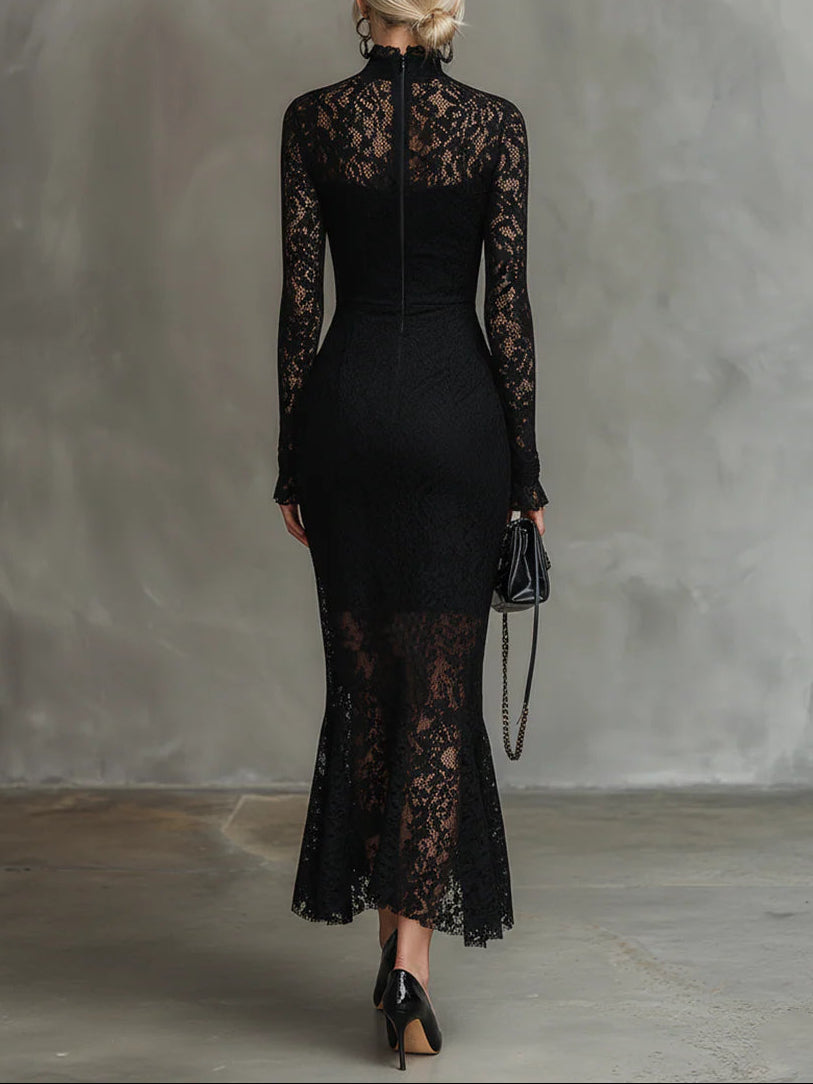 Teresa - Elegancka Sukienka Maxi Fishtail z Elastycznej Czarnej Koronki